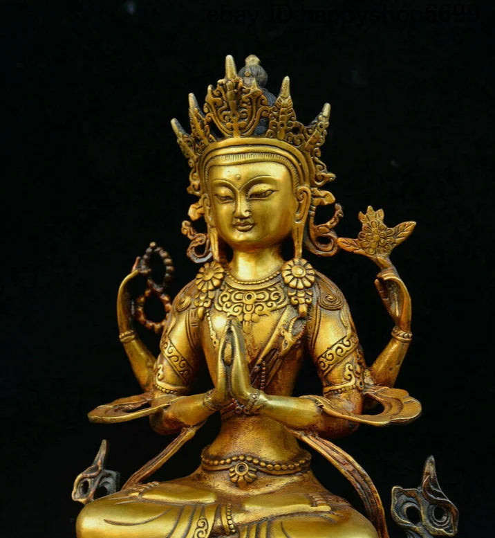 Old Tibet Buddhism Temple Bronze 4 Arms Chenrezig Goddess Buddhas Goddess Statu&