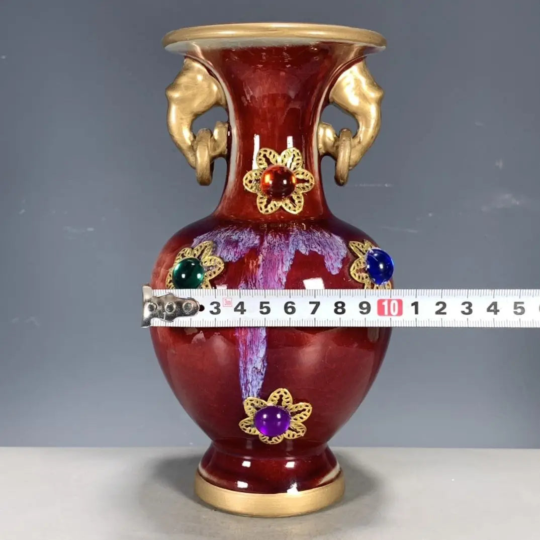 Antique porcelain Jun porcelain kiln-changed double-eared ring inlaid gemstone vase Bogu shelf old ornaments