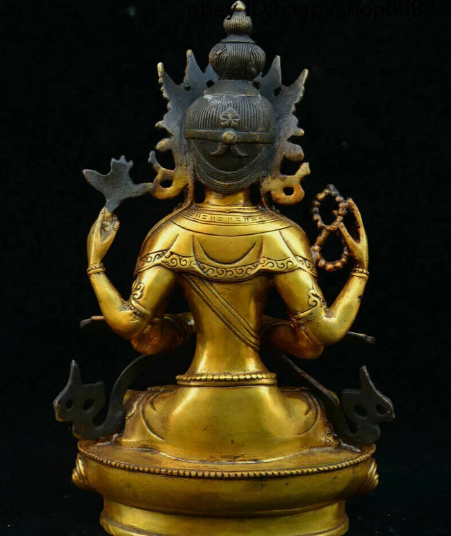 Old Tibet Buddhism Temple Bronze 4 Arms Chenrezig Goddess Buddhas Goddess Statu&