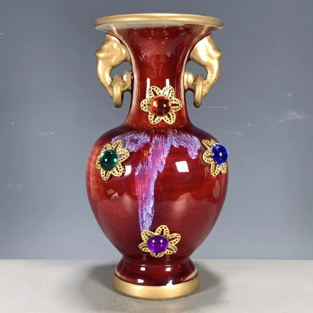 Antique porcelain Jun porcelain kiln-changed double-eared ring inlaid gemstone vase Bogu shelf old ornaments
