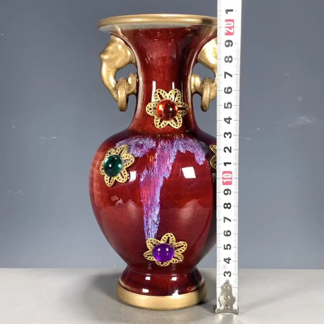 Antique porcelain Jun porcelain kiln-changed double-eared ring inlaid gemstone vase Bogu shelf old ornaments
