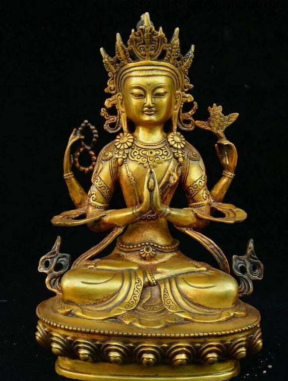 Old Tibet Buddhism Temple Bronze 4 Arms Chenrezig Goddess Buddhas Goddess Statu&