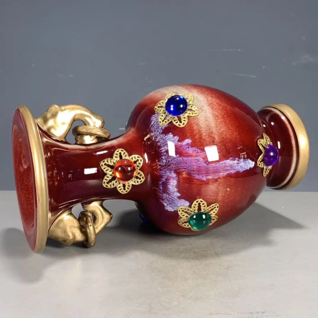 Antique porcelain Jun porcelain kiln-changed double-eared ring inlaid gemstone vase Bogu shelf old ornaments