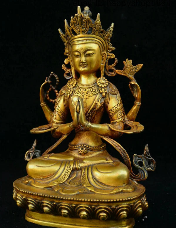 Old Tibet Buddhism Temple Bronze 4 Arms Chenrezig Goddess Buddhas Goddess Statu&