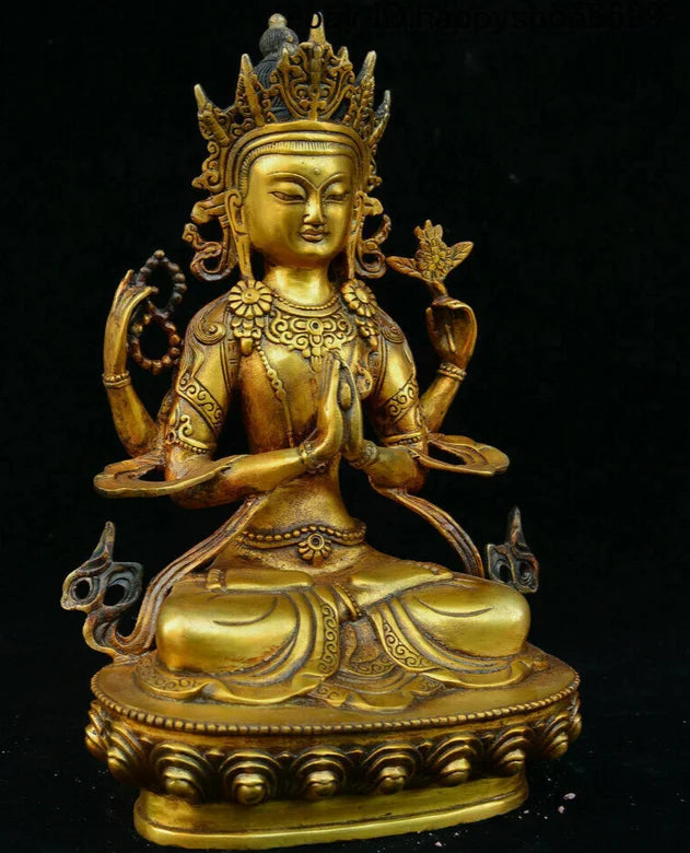 Old Tibet Buddhism Temple Bronze 4 Arms Chenrezig Goddess Buddhas Goddess Statu&